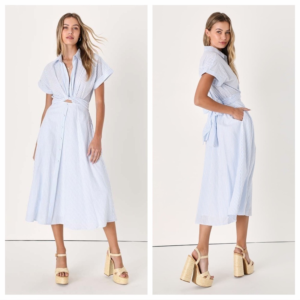 Lulus Adorable Impression White and Blue Midi Dress With Pockets